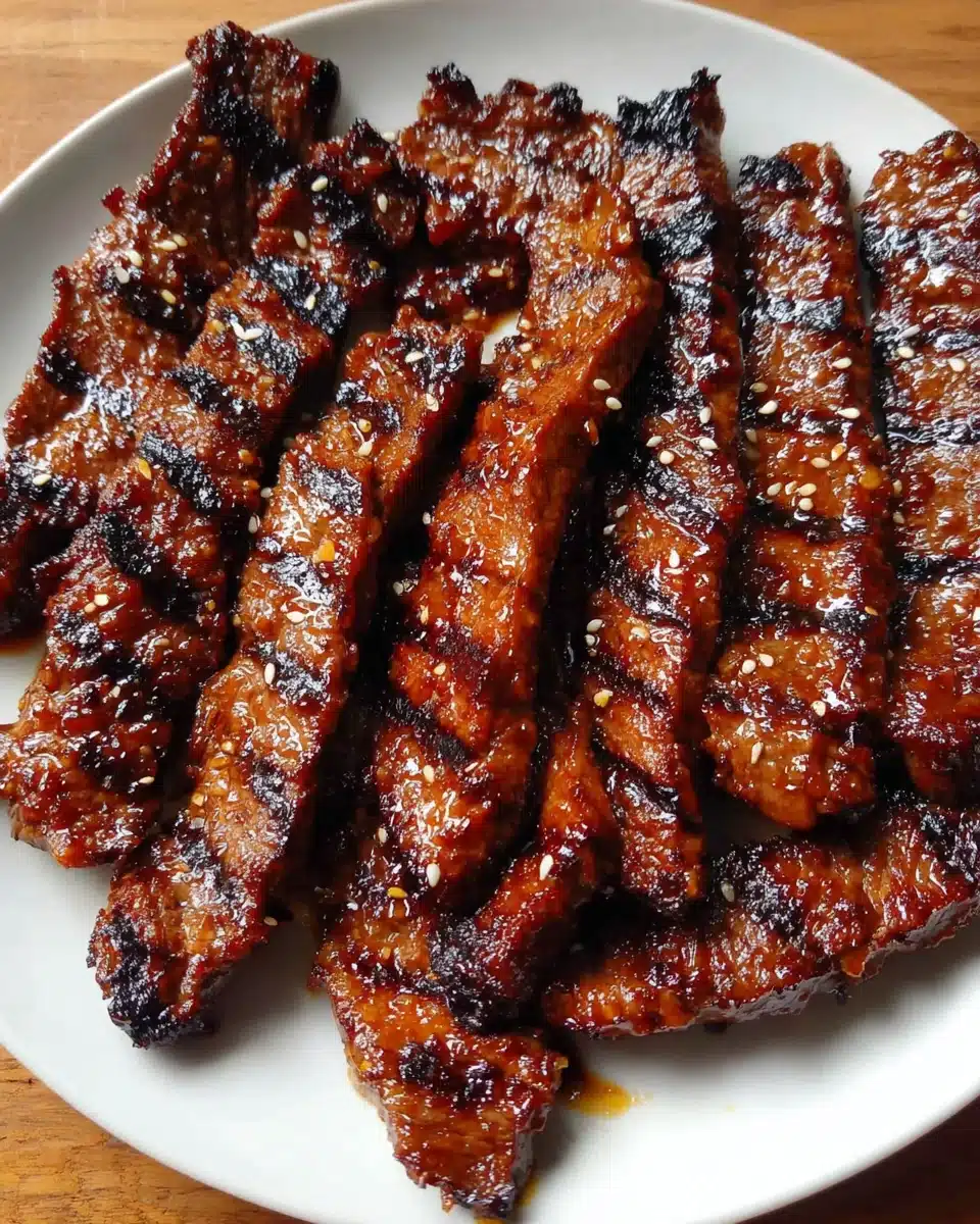 Grill pan honey glazed steak strips with glossy glaze and char marks