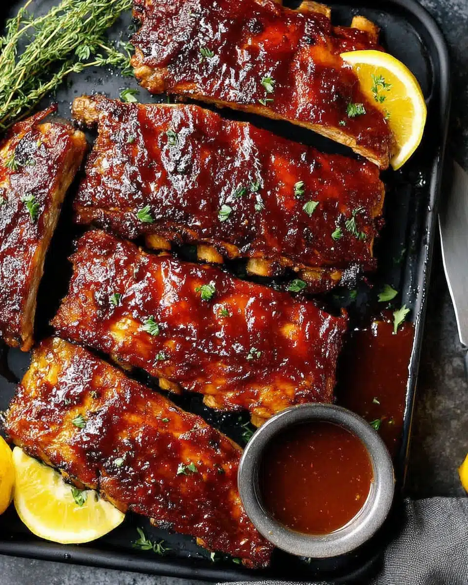 Perfectly grilled ribs with glossy sauce, garnished with herbs and lemon, ready to serve