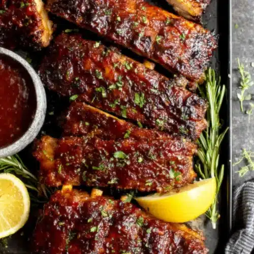 Perfectly grilled ribs with glossy sauce, garnished with herbs and lemon, ready to serve