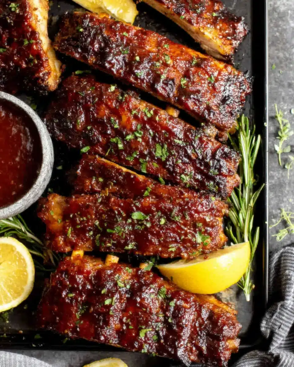 Perfectly grilled ribs with glossy sauce, garnished with herbs and lemon, ready to serve