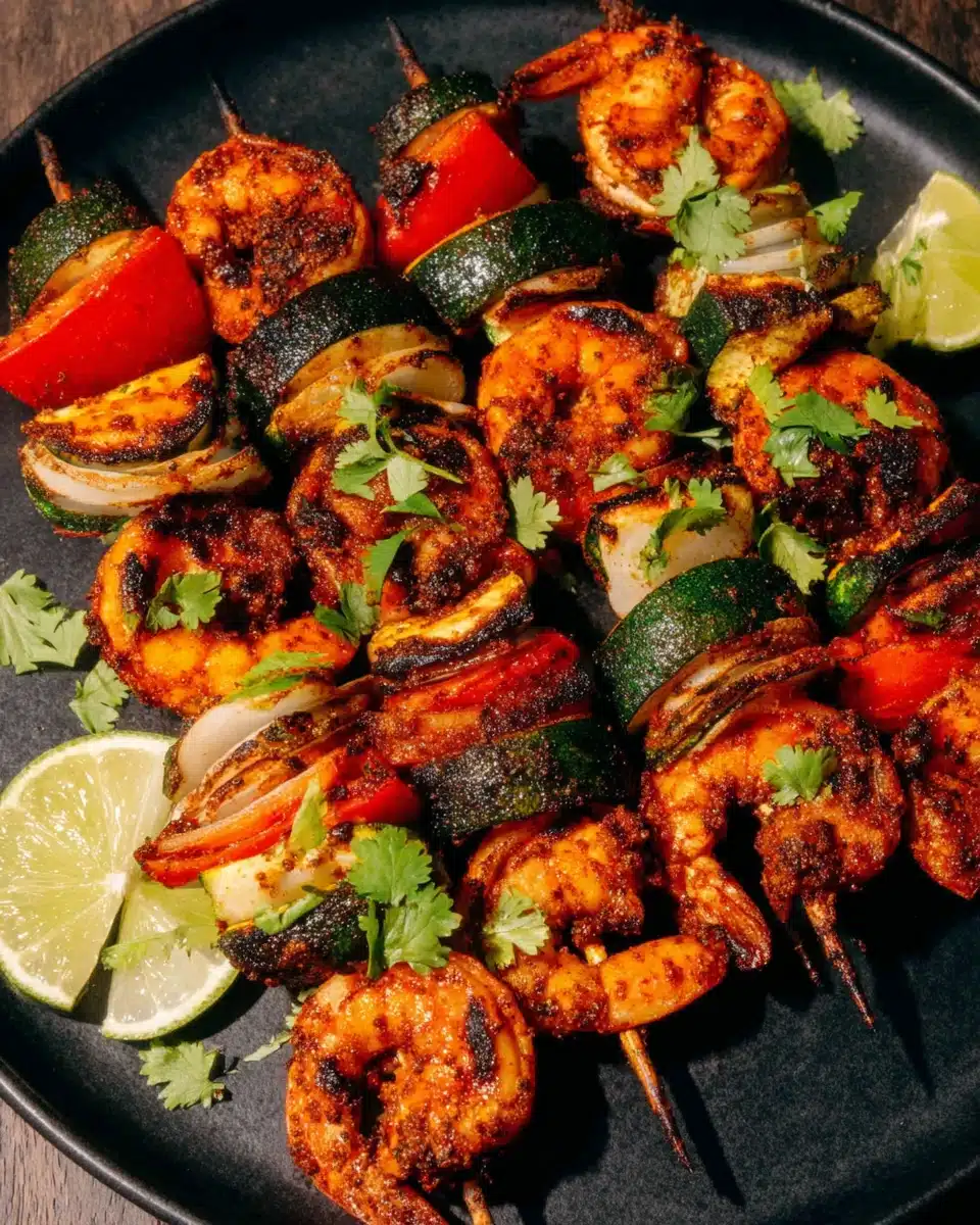 Grilled BBQ Shrimp Kabobs with Veggies and Lime Grilled BBQ shrimp kabobs with vegetables and lime on a plate