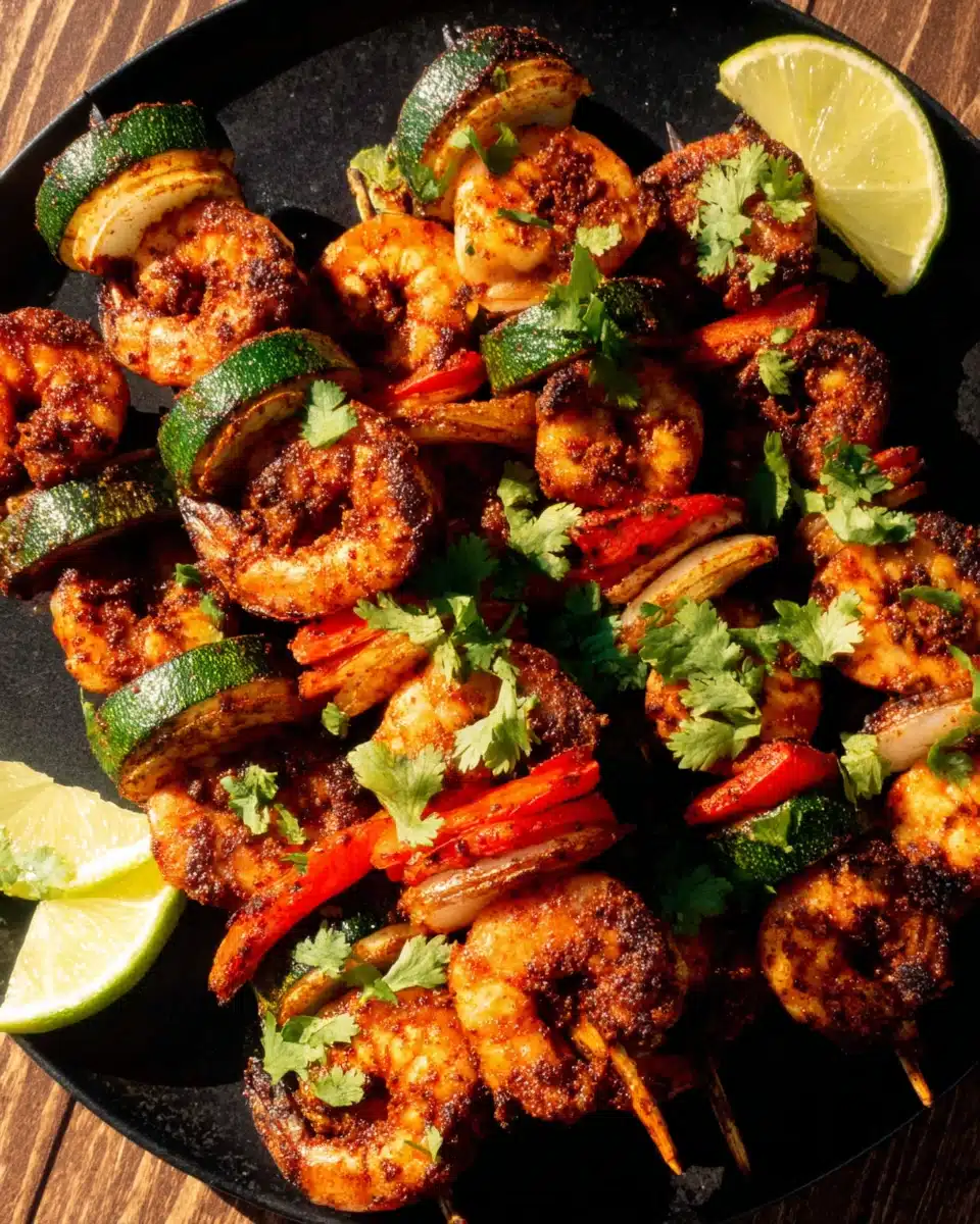 Grilled BBQ Shrimp Kabobs with Veggies and Lime Grilled BBQ shrimp kabobs with vegetables and lime on a plate