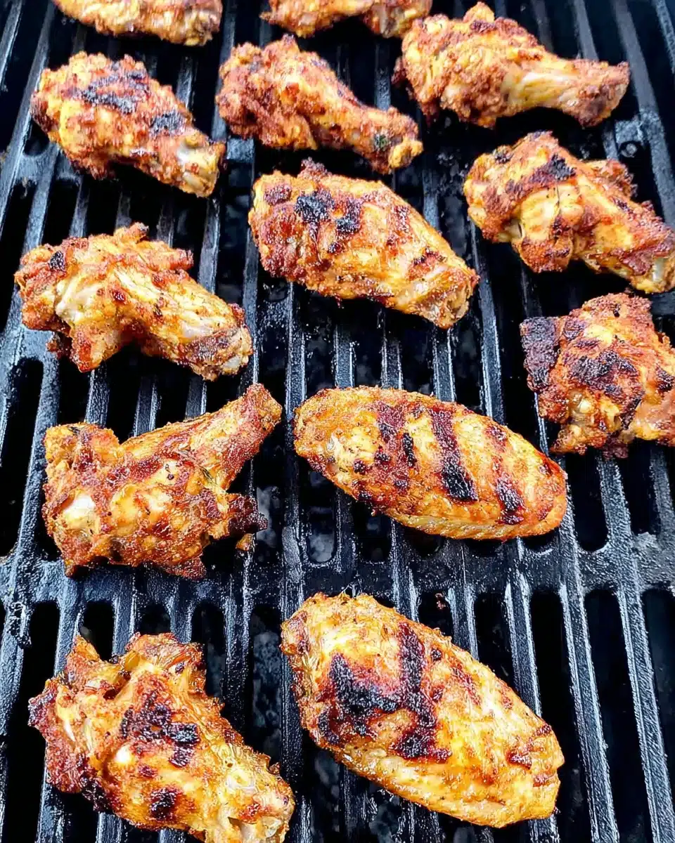 Grilled buffalo wings sizzling on a grill, crispy and juicy with charred edges