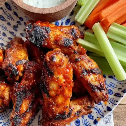 Grilled buffalo wings with celery, carrots, and ranch dressing on a patterned plate
