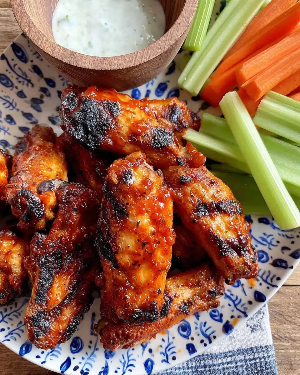 Grilled buffalo wings with celery, carrots, and ranch dressing on a patterned plate