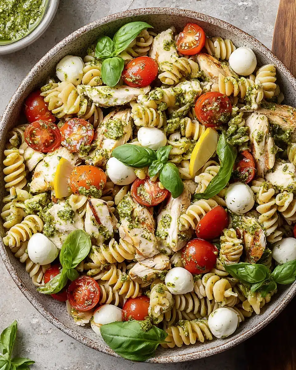 Grilled chicken pesto pasta salad with rotini, tomatoes, mozzarella, and fresh basil