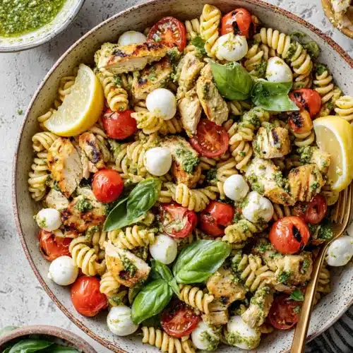 Grilled chicken pesto pasta salad with cherry tomatoes and mozzarella in a bowl