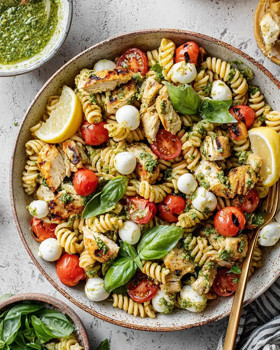 Grilled chicken pesto pasta salad with cherry tomatoes and mozzarella in a bowl