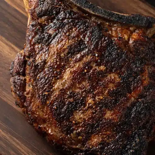 Grilled Cowboy Steak: Savor the Juicy Perfection 1 Grilled cowboy steak with crispy crust on dark wood background