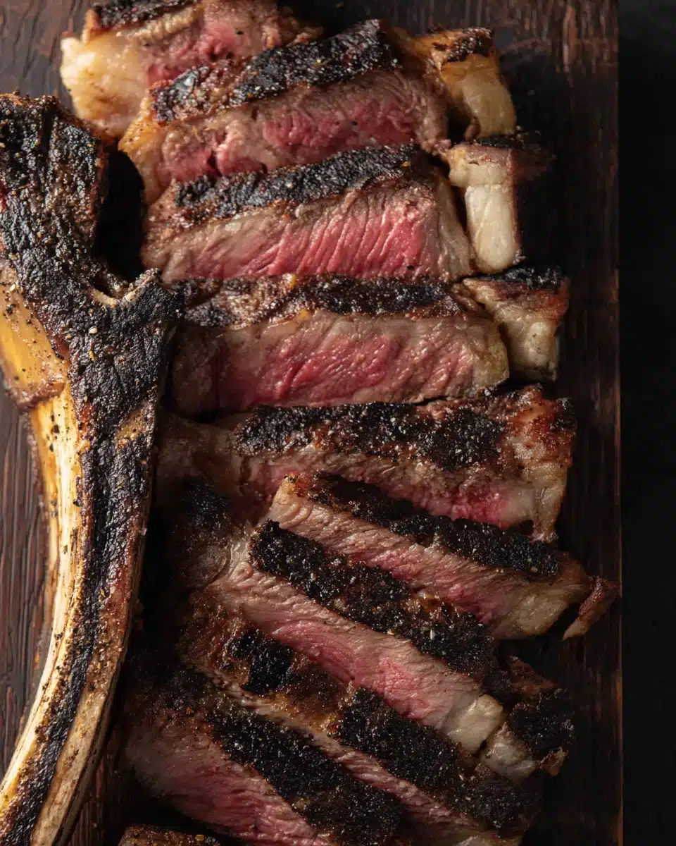 Grilled Cowboy Steak with Juicy Medium-Rare Interior Grilled cowboy steak sliced on dark wood, showcasing juicy pink interior and charred crust