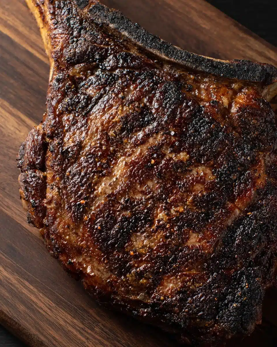 Grilled Cowboy Steak with Crispy Crust Grilled cowboy steak with crispy crust on dark wood background