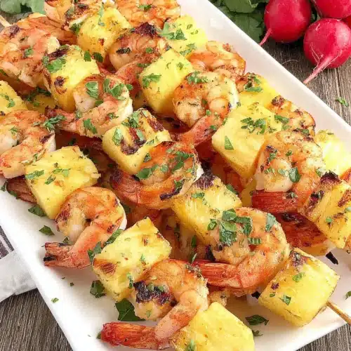 Grilled Hawaiian shrimp kabob with pineapple on a white plate, garnished with herbs