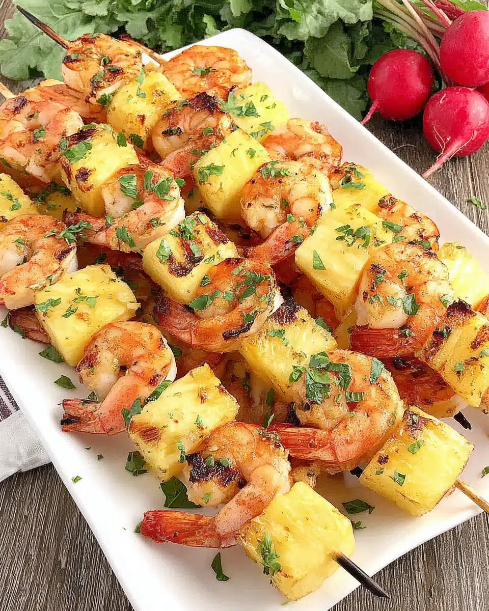 Grilled Hawaiian shrimp kabob with pineapple on a white plate, garnished with herbs