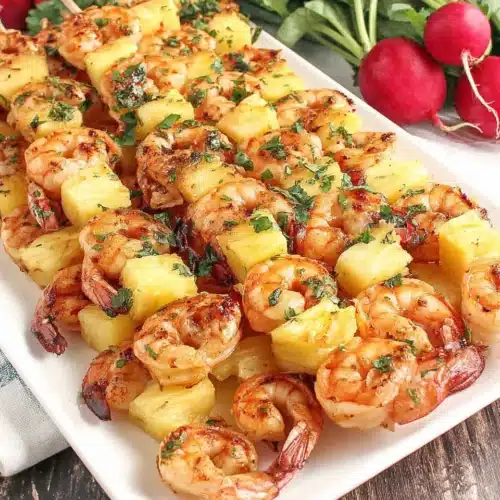 Grilled Hawaiian Shrimp Kabob with Pineapple: A Flavorful Delight 1 Grilled Hawaiian shrimp kabob with pineapple on skewers, garnished with herbs