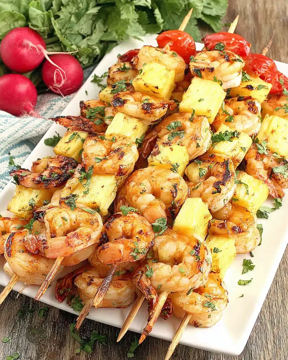 Grilled Hawaiian shrimp kabob with pineapple on a white plate, garnished with herbs