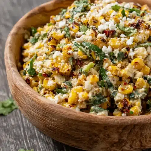 Grilled Mexican street corn salad with charred corn, cotija cheese, and fresh herbs in a wooden bowl