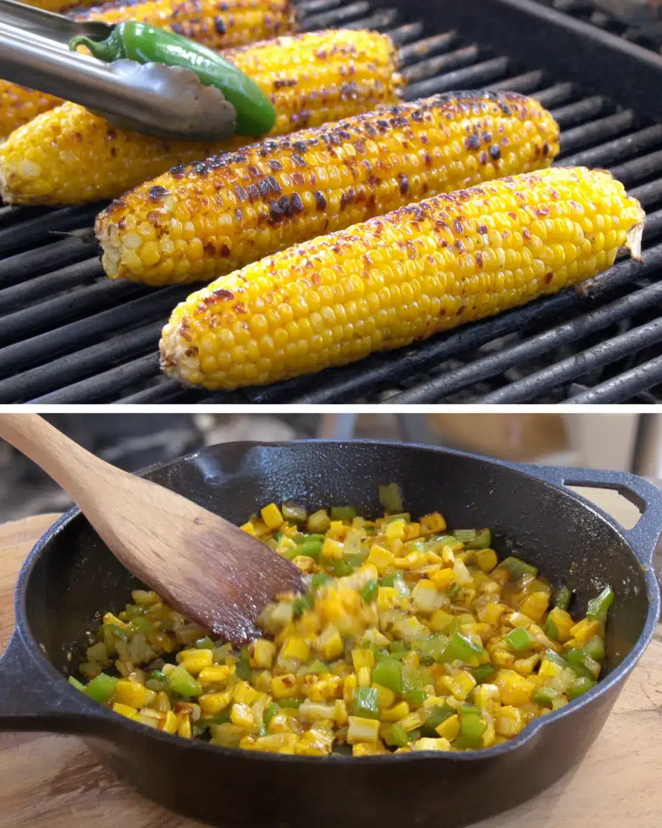 Grilled Mexican street corn salad ingredients being prepared on grill and in skillet