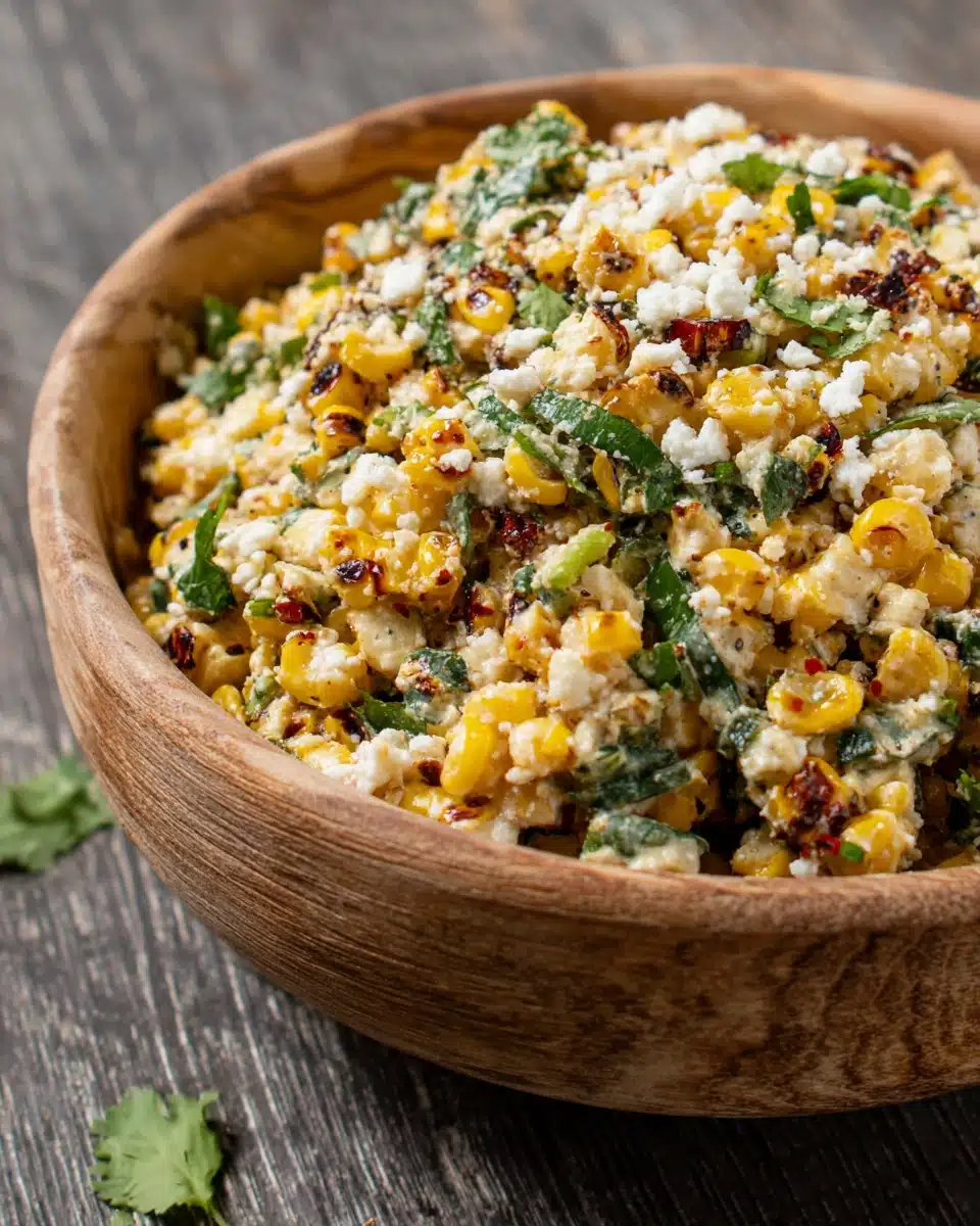 Grilled Mexican street corn salad with charred corn, cotija cheese, and fresh herbs in a wooden bowl