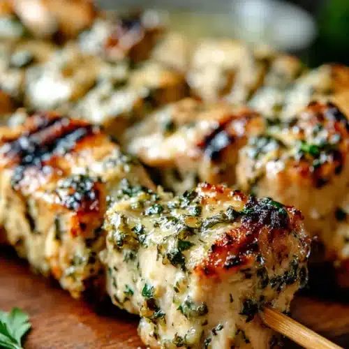 Grilled ranch garlic parmesan chicken skewers with herbs and char marks