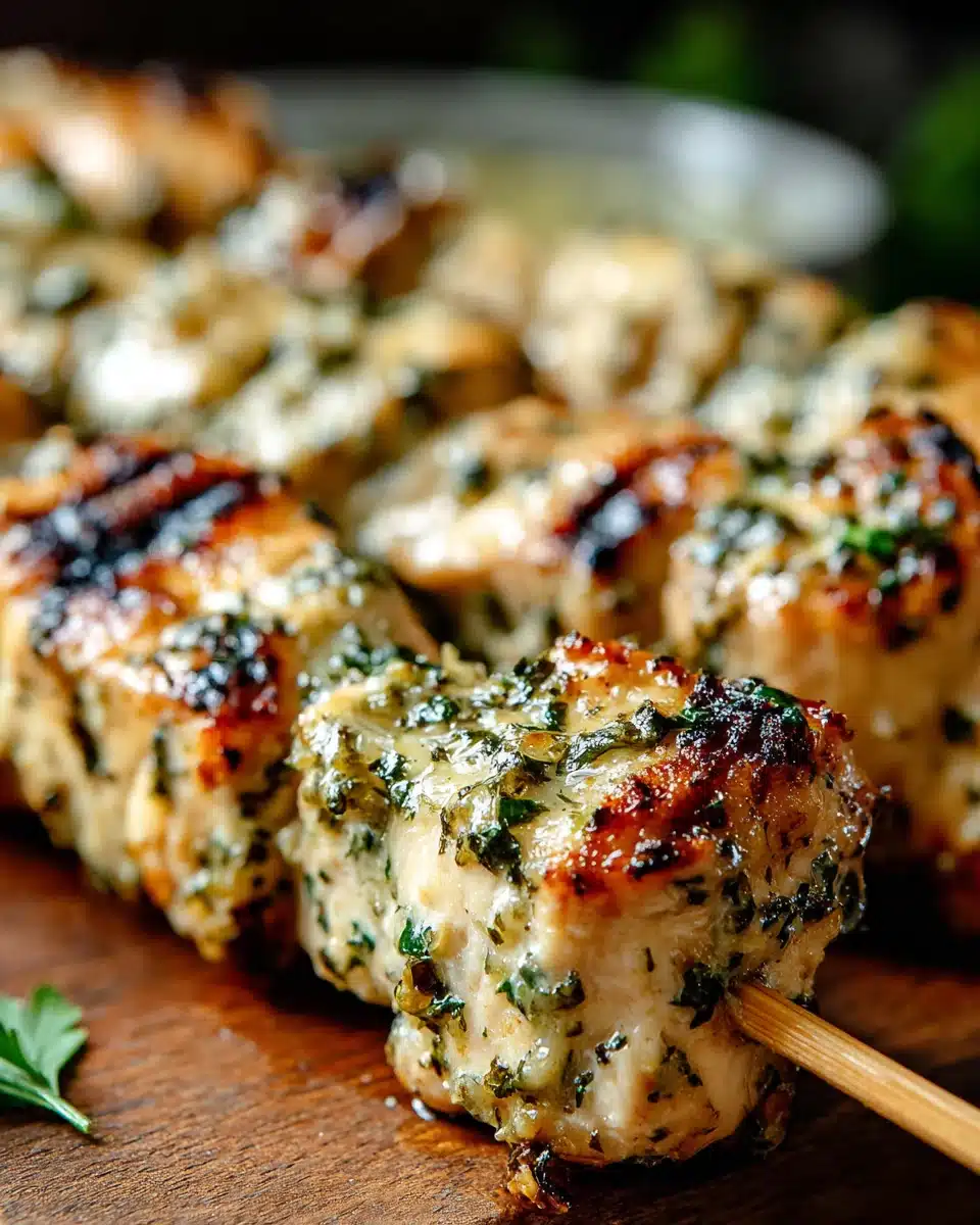 Grilled ranch garlic parmesan chicken skewers with herbs and char marks