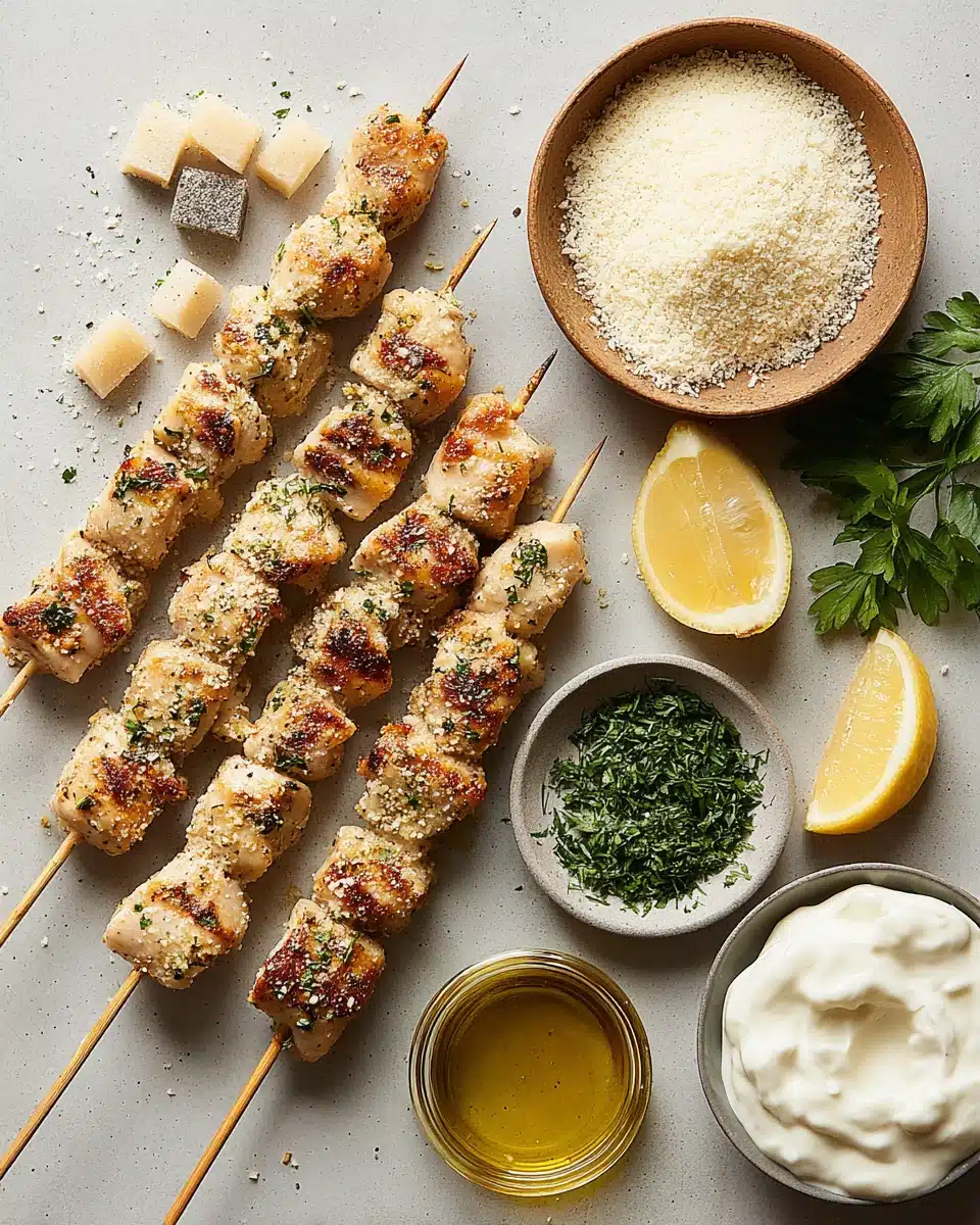 Grilled ranch garlic parmesan chicken skewers with fresh ingredients and herbs