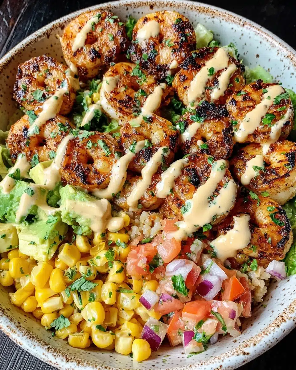 Grilled shrimp bowl with avocado, corn salsa, and creamy sauce in a ceramic bowl