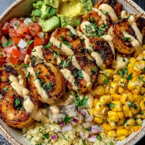 Grilled shrimp bowl with avocado, corn salsa, and creamy sauce in a ceramic bowl