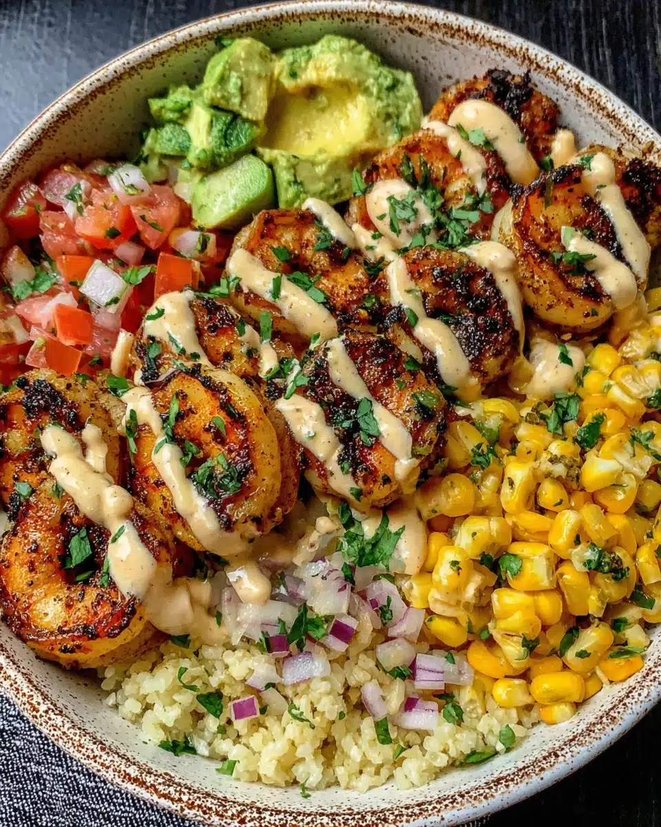 Grilled shrimp bowl with avocado, corn salsa, and creamy sauce in a ceramic bowl