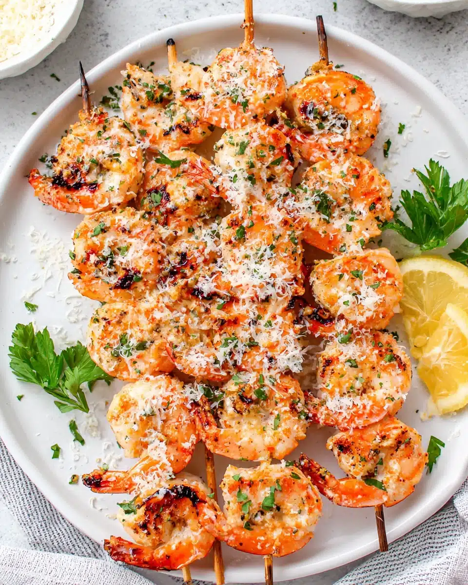 Grilled shrimp kabobs with lemon garlic, garnished with parsley and cheese on a white plate