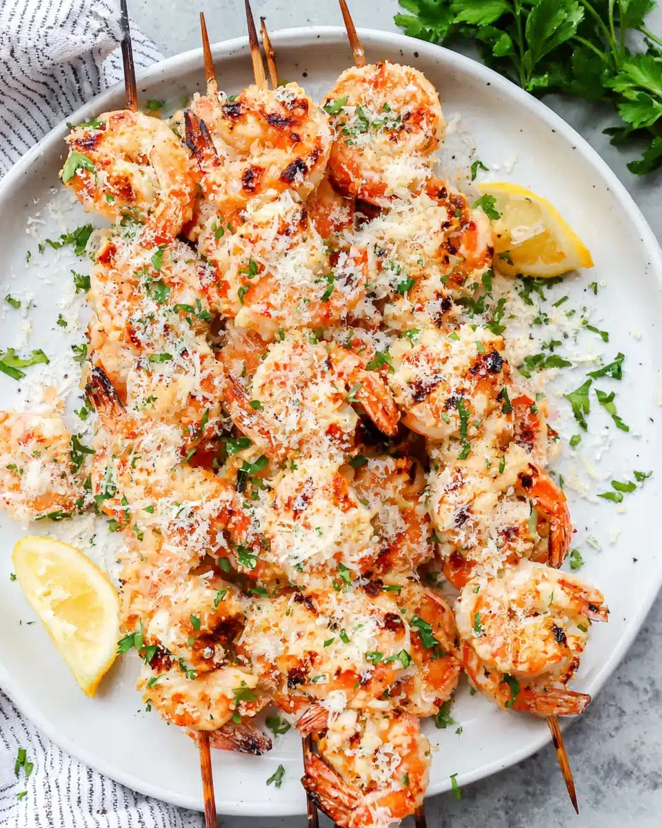 Grilled shrimp kabobs with lemon garlic, garnished with parsley and cheese