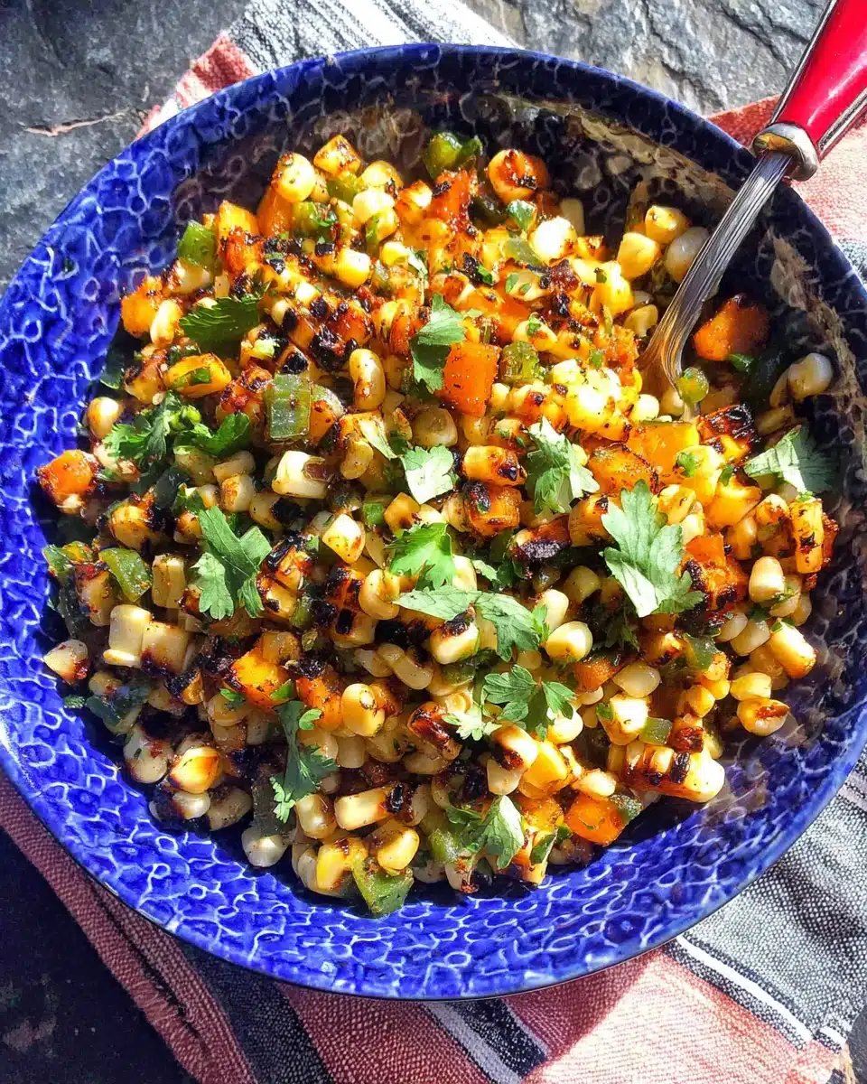Grilled Summer Chipotle Corn Salad with Charred Vegetables Grilled summer chipotle corn salad in a blue bowl with fresh herbs and charred vegetables