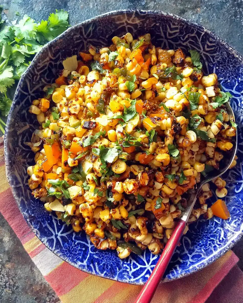 Grilled Summer Chipotle Corn Salad with Charred Vegetables Grilled summer chipotle corn salad in a blue bowl with fresh herbs and charred vegetables