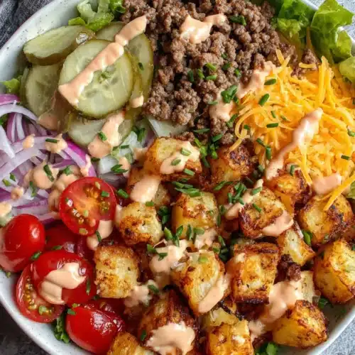 Ground beef burger bowl with roasted potatoes, fresh veggies, and creamy sauce