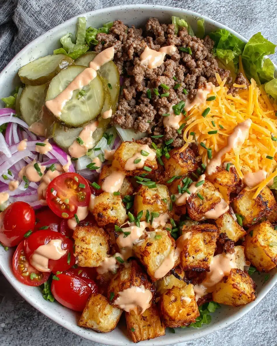 Ground beef burger bowl with roasted potatoes, fresh veggies, and creamy sauce