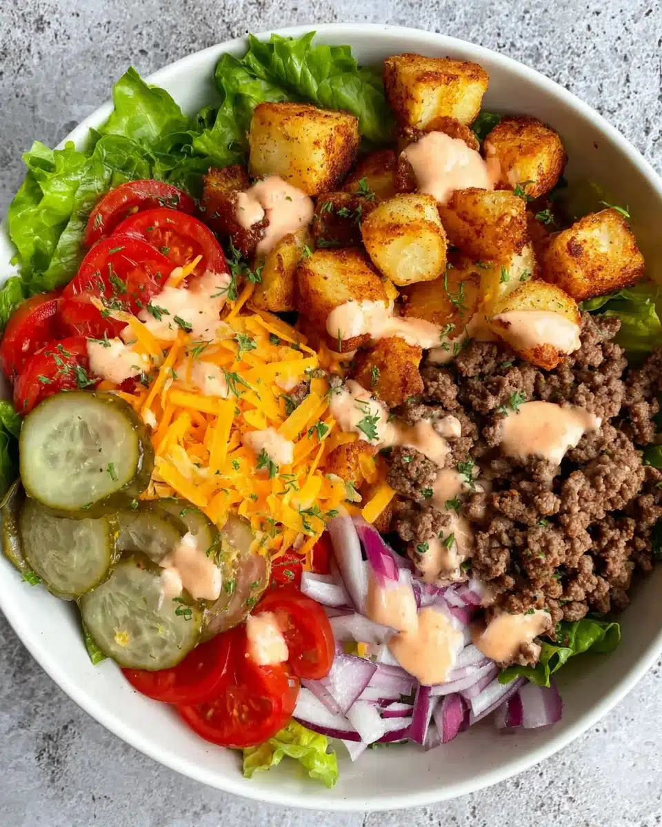Ground beef burger bowl with roasted potatoes, fresh veggies, and creamy sauce