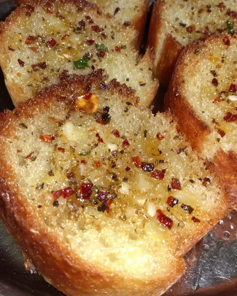 Heavenly garlic bread with butter, herbs, and red pepper flakes, crispy and golden