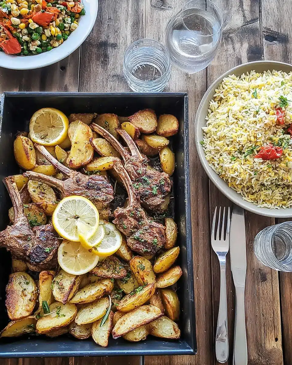 Crispy heavenly garlic lemon oregano Greek potatoes with grilled lamb and rice pilaf