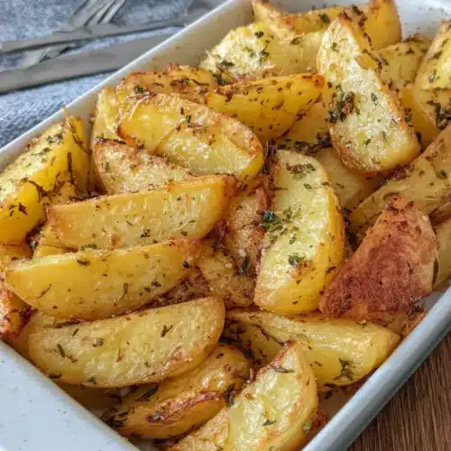 Heavenly garlic lemon oregano Greek potatoes in a baking dish, golden and crispy