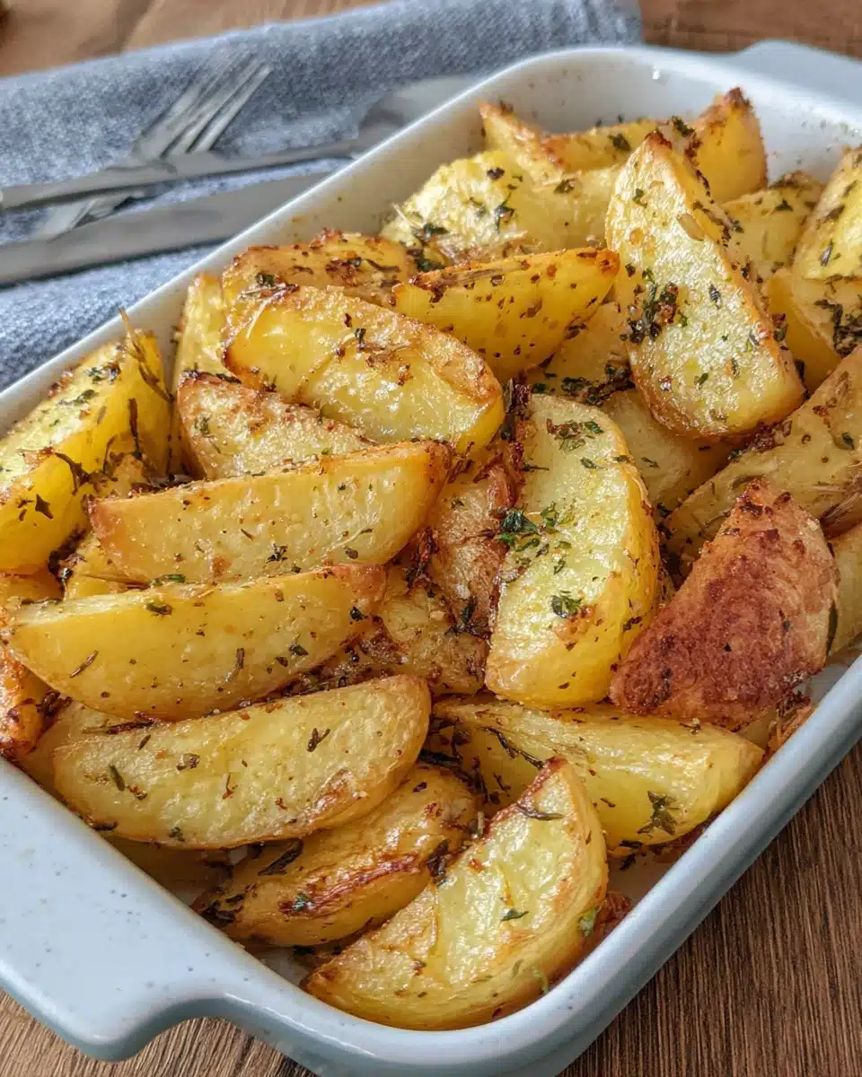 Heavenly garlic lemon oregano Greek potatoes in a baking dish, golden and crispy