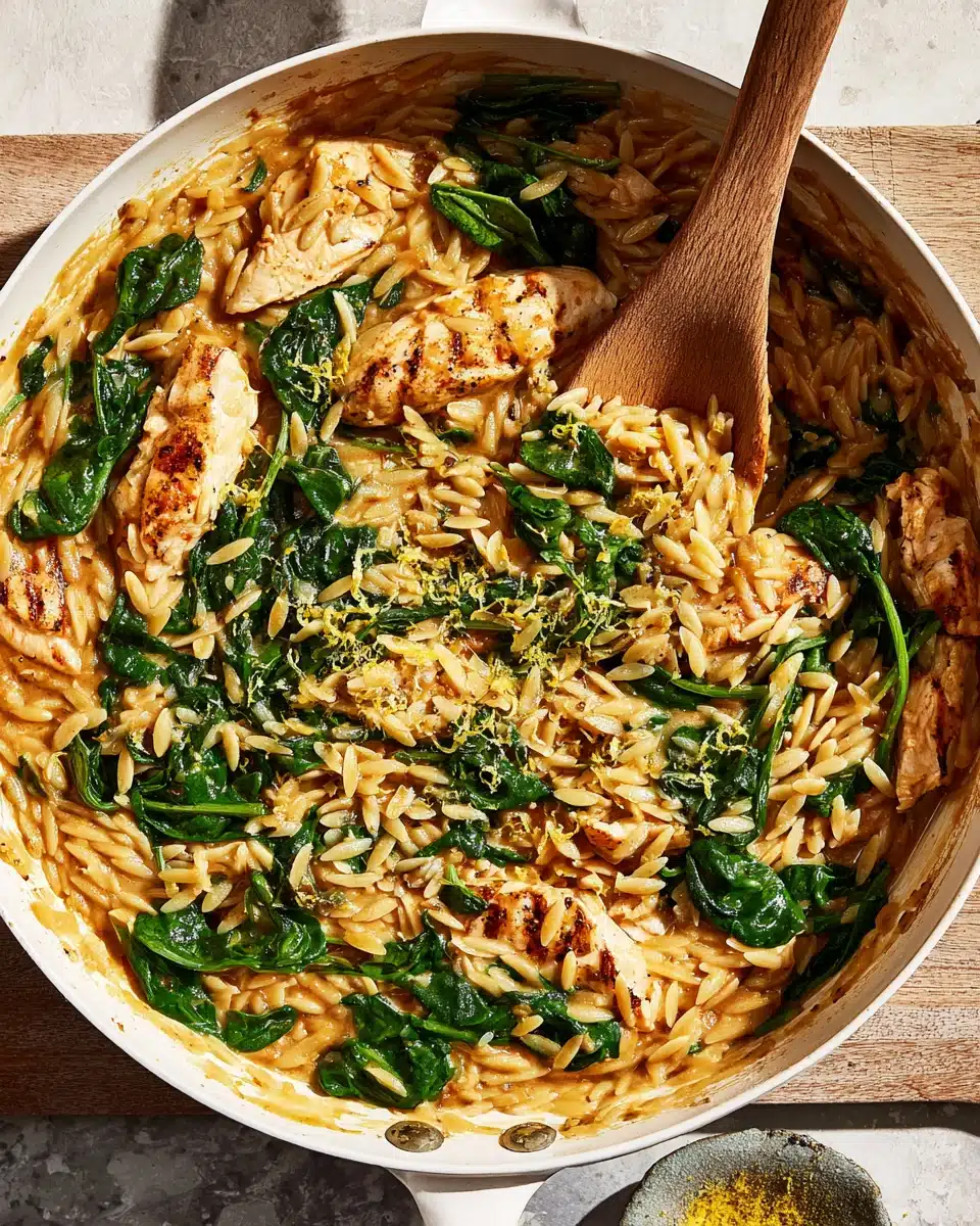 High protein lemon chicken orzo with spinach and orzo in a skillet