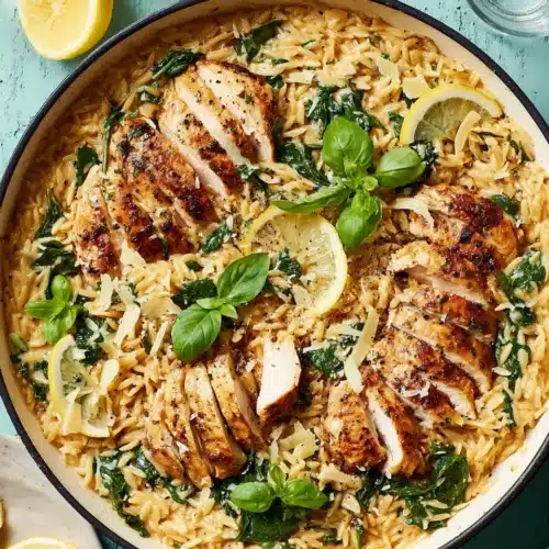High protein lemon chicken orzo in a skillet with fresh herbs and lemon