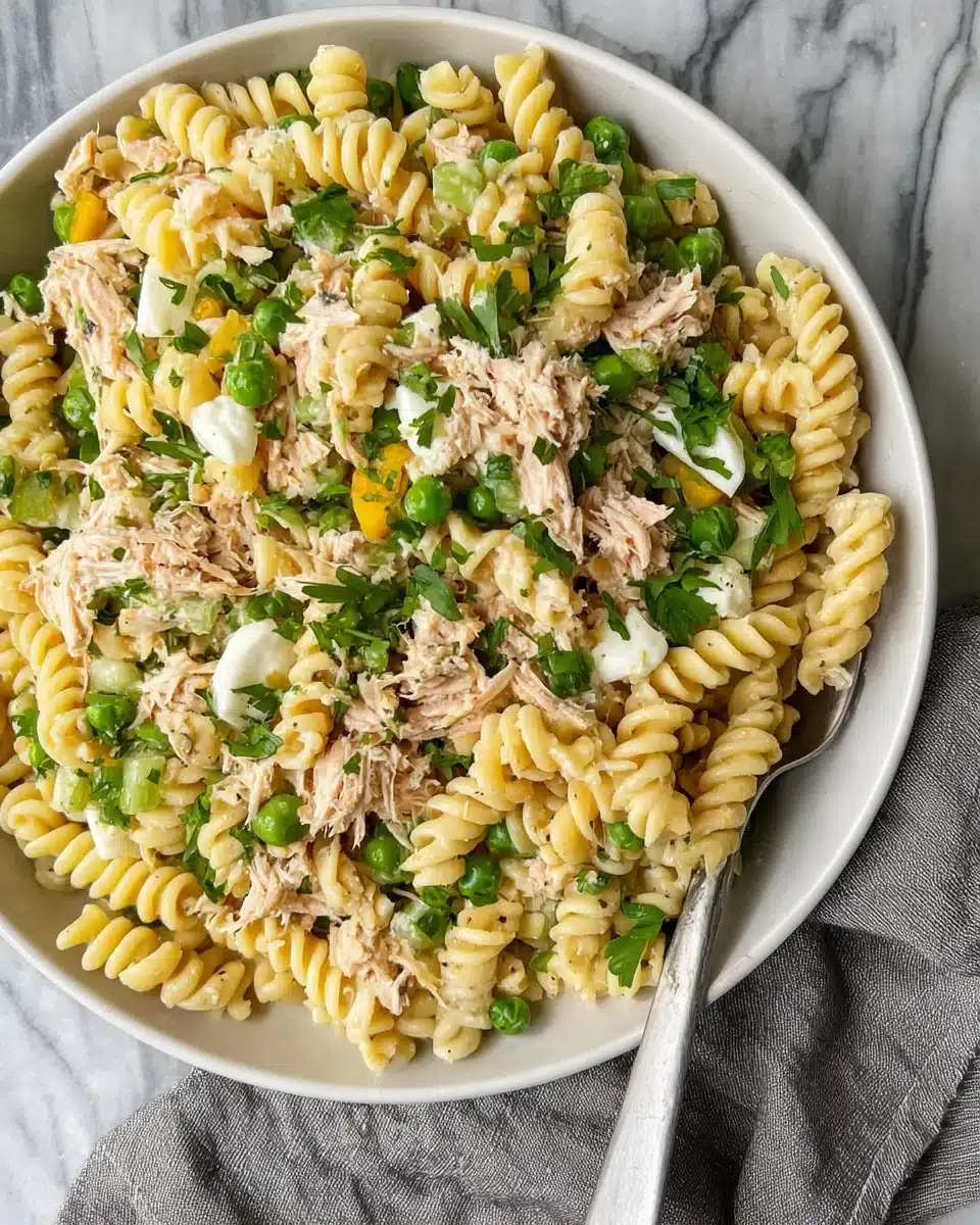 High protein tuna pasta salad with rotini, tuna, peas, and herbs in a white bowl