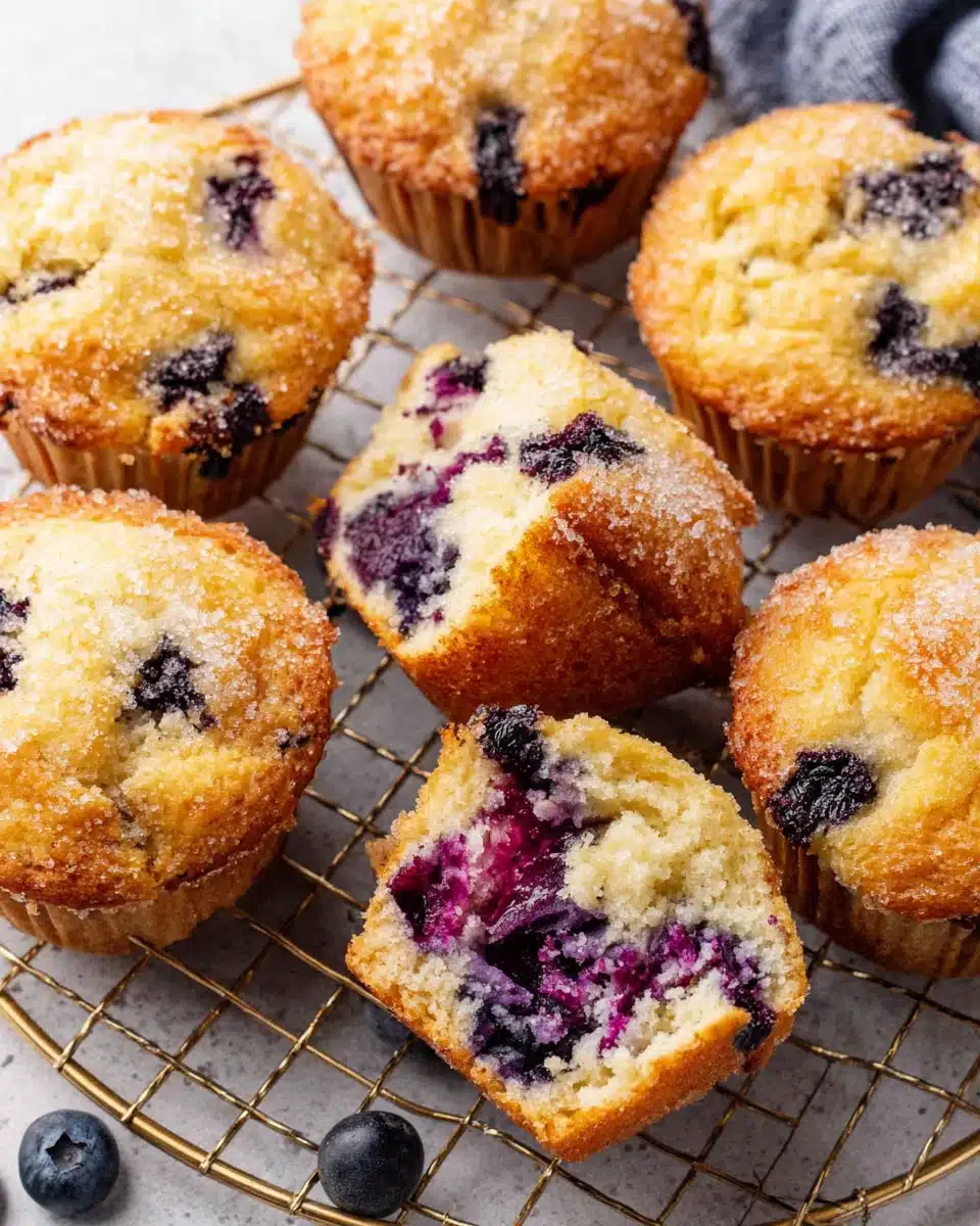 Homemade blueberry muffins with juicy berries on cooling rack