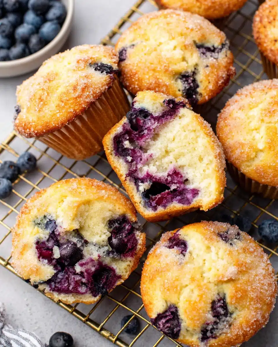 Homemade blueberry muffins with juicy berries on a cooling rack