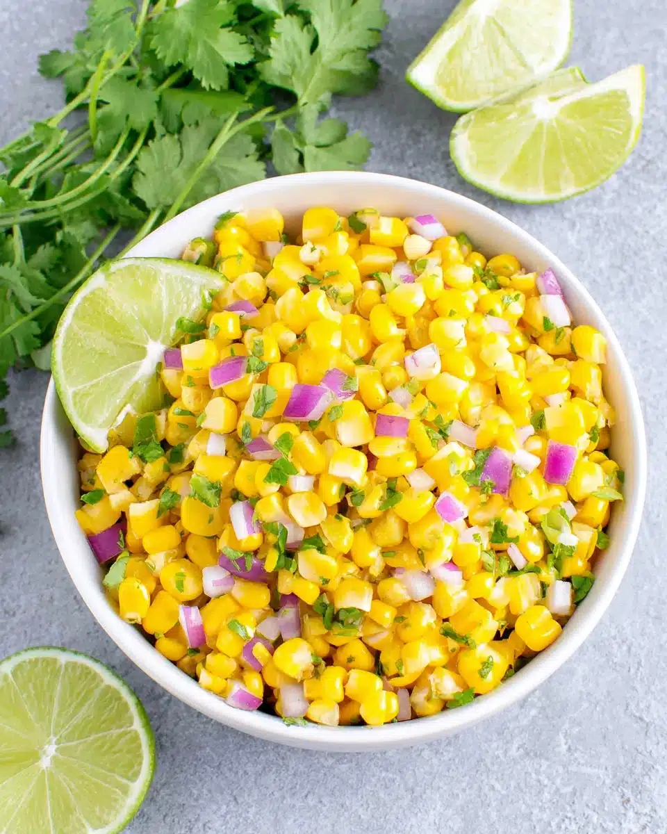 Homemade chipotle corn salsa with fresh corn, red onion, cilantro, and lime in a white bowl