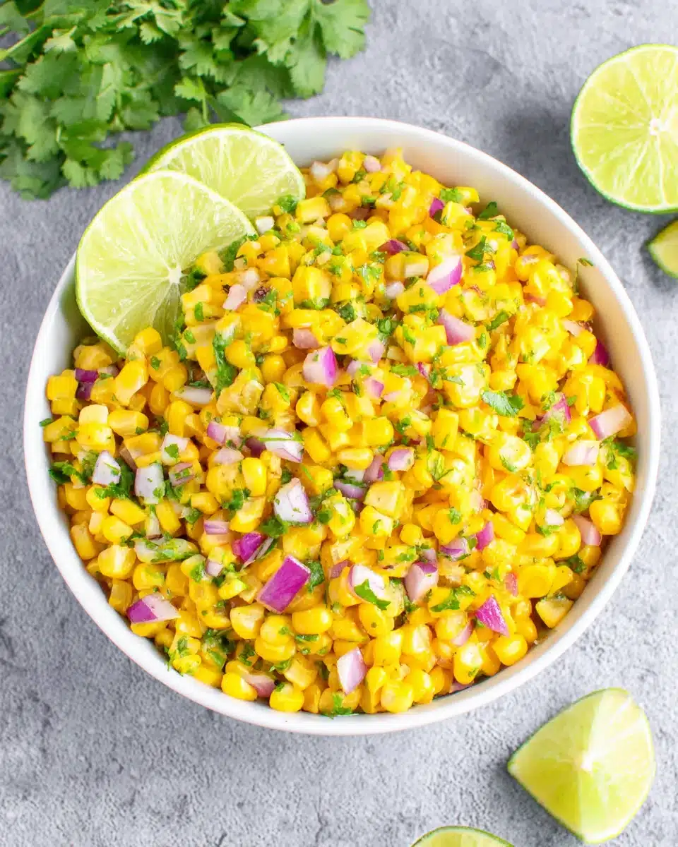 Homemade chipotle corn salsa with fresh corn, red onion, cilantro, and lime