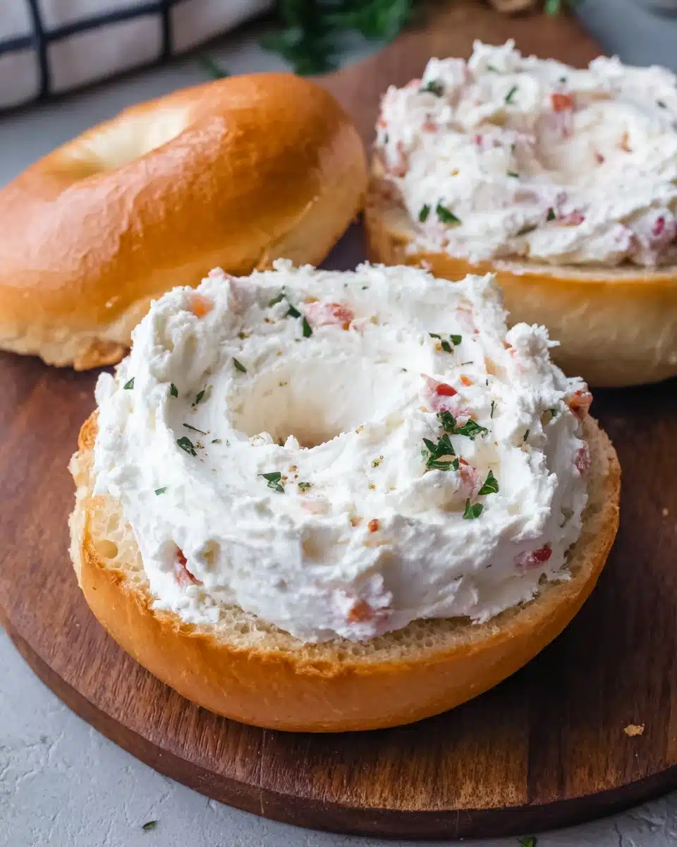 Homemade Cream Cheese on Bagels Bagels topped with homemade cream cheese on a wooden board