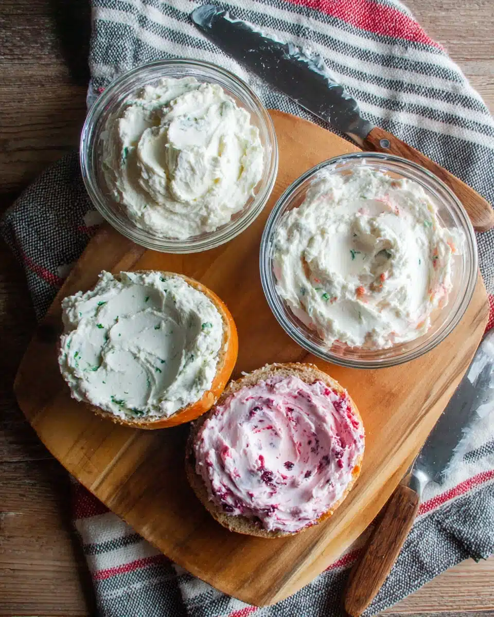 Homemade Cream Cheese Variations on Bagels Homemade cream cheese spread on bagels with vegetable and berry variations
