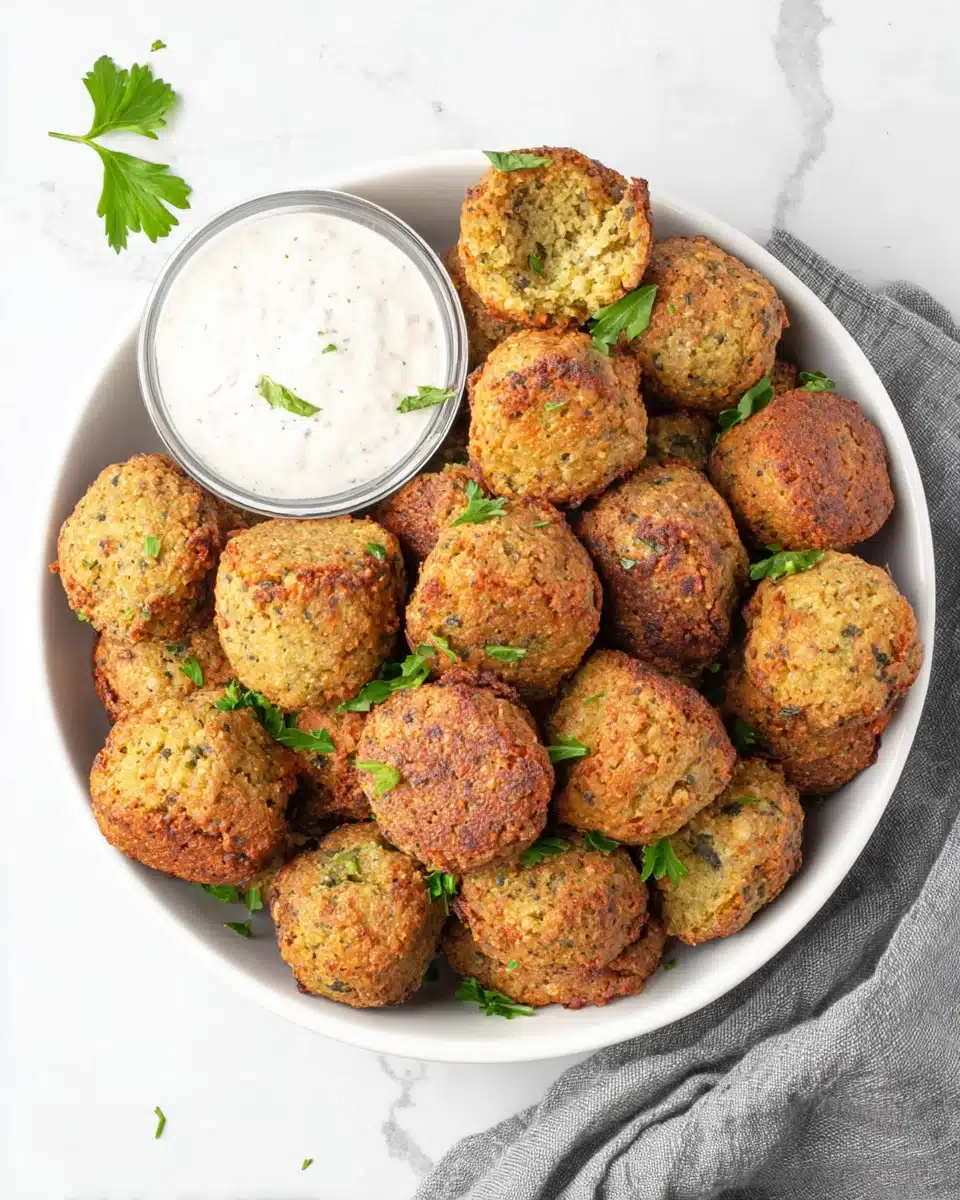Crispy homemade falafel balls with fresh herbs and tahini sauce in a white bowl