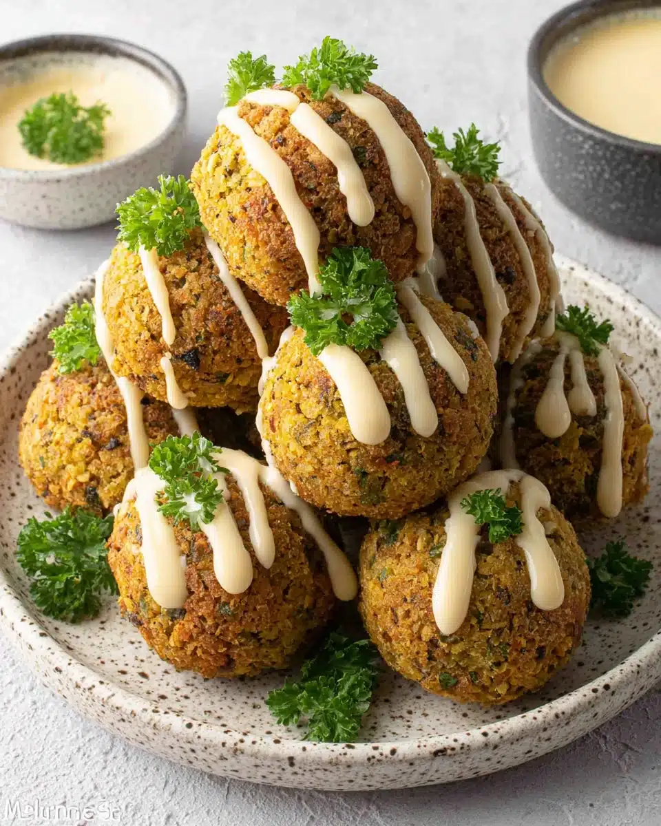 Crispy homemade falafel balls with tahini sauce and fresh parsley on a plate